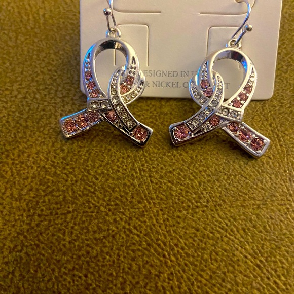 Pink Ribbon Rhinestone Earrings - Picture 2 of 5